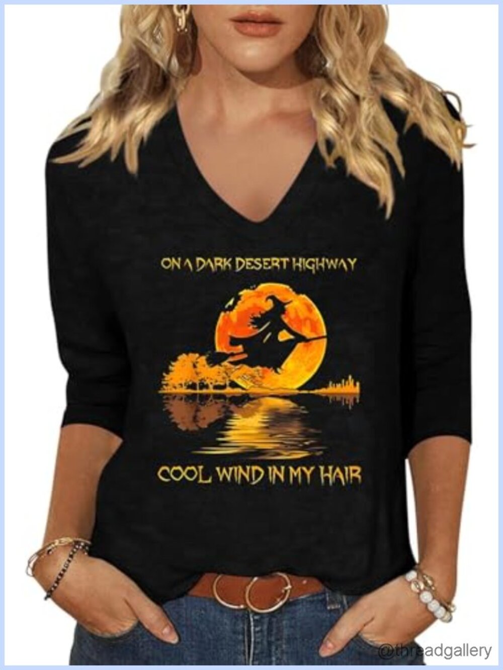 Women's Halloween V Neck 3/4 Sleeve Graphic Tee Fall Shirt